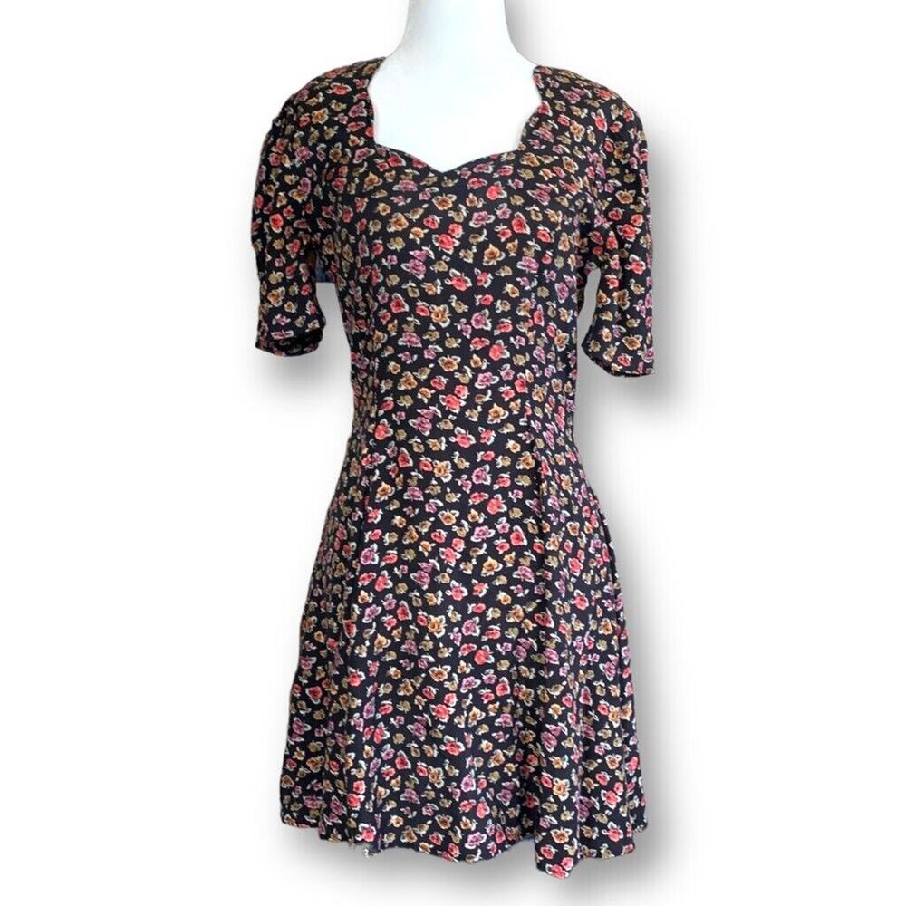 Vintage 90s Dress Black Dark Floral Sweetheart Neckline Mini Forrest Fairy Boho